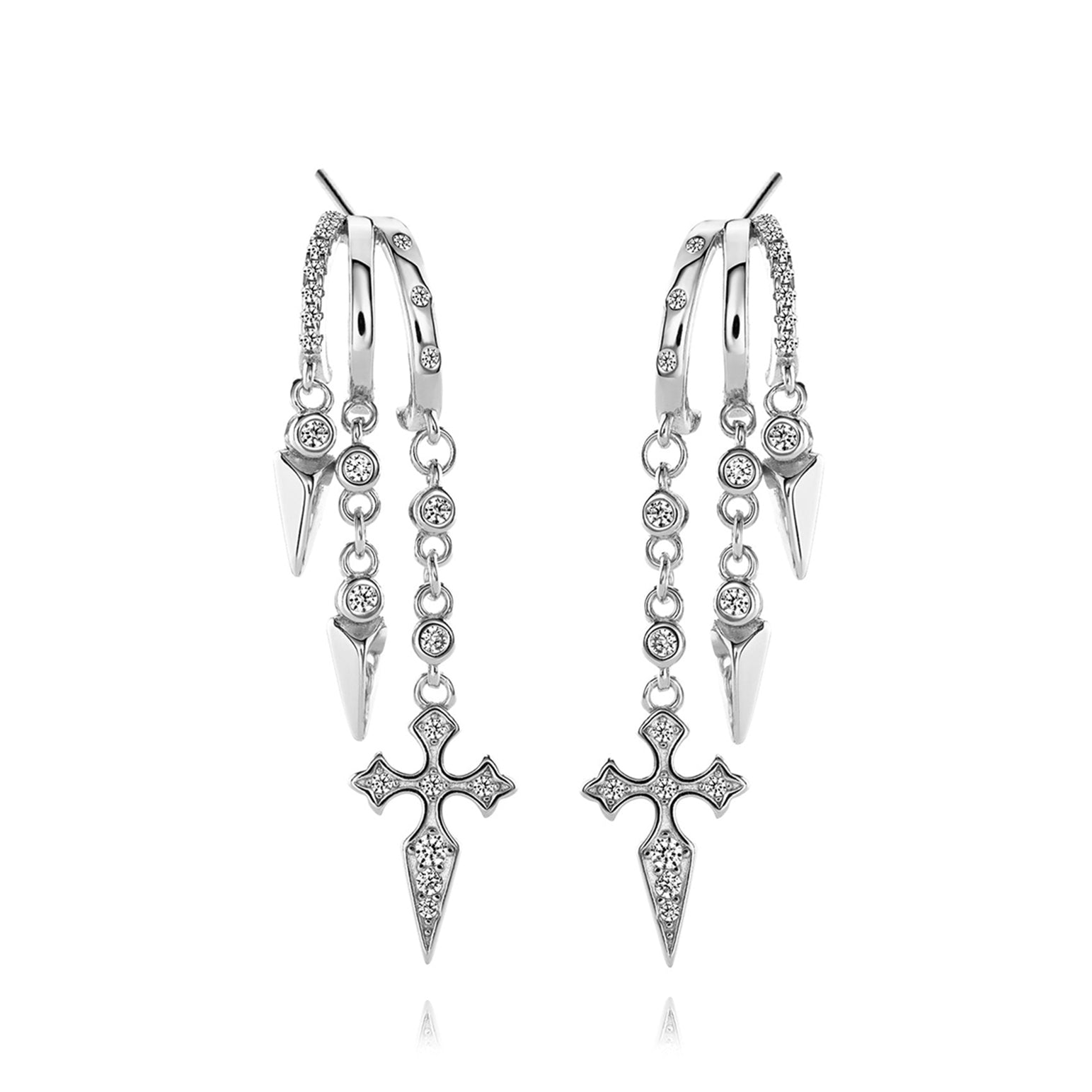 Elegant silver hoop earrings featuring gothic cross and spike charms with sparkling stones.