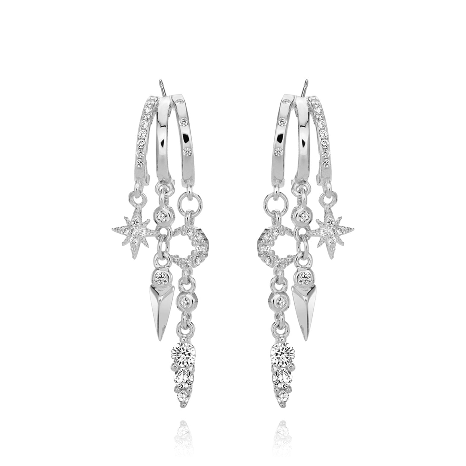 Silver hoop earrings with sparkling star and charm drops.