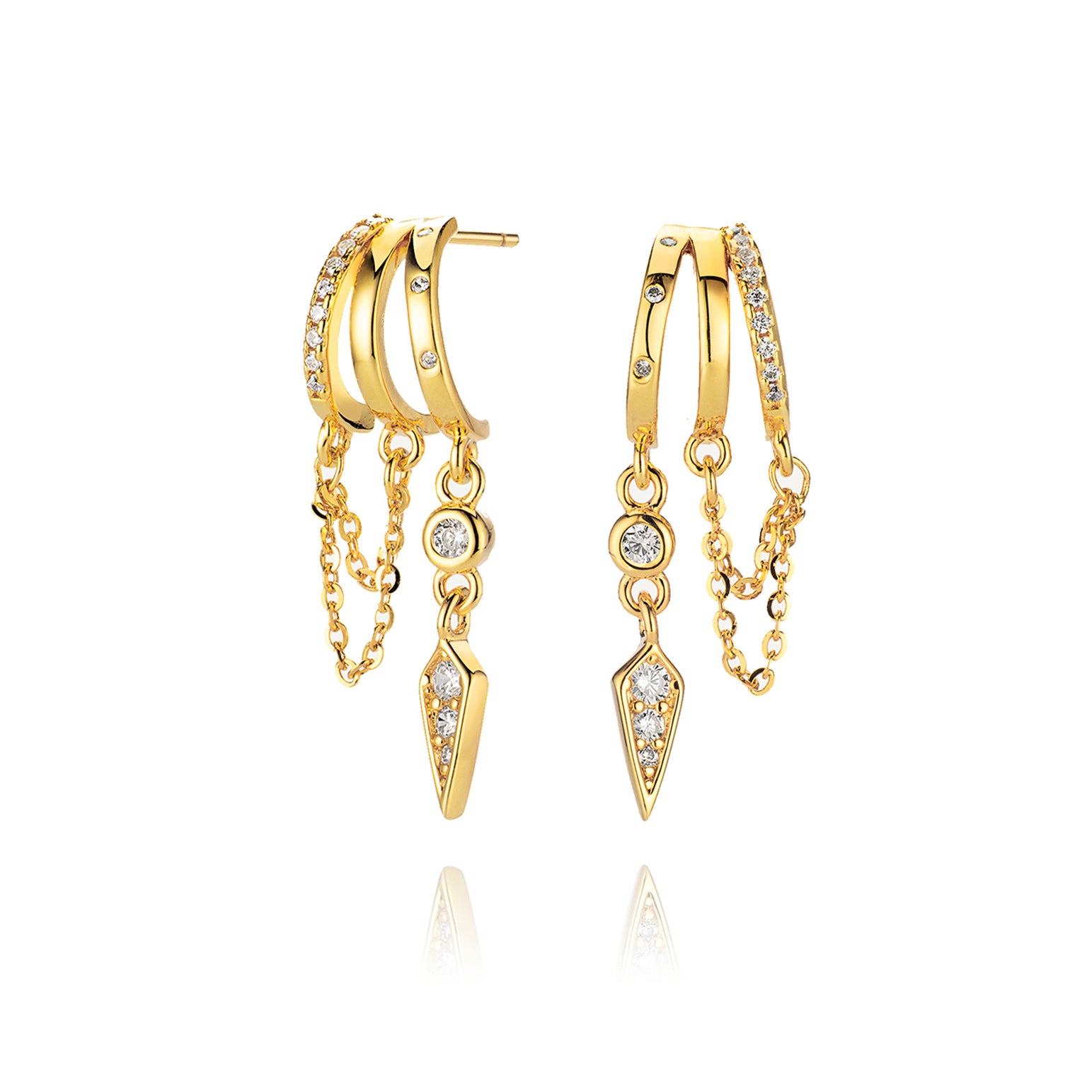 Gold hoop earrings with chains and pointed crystal drops.