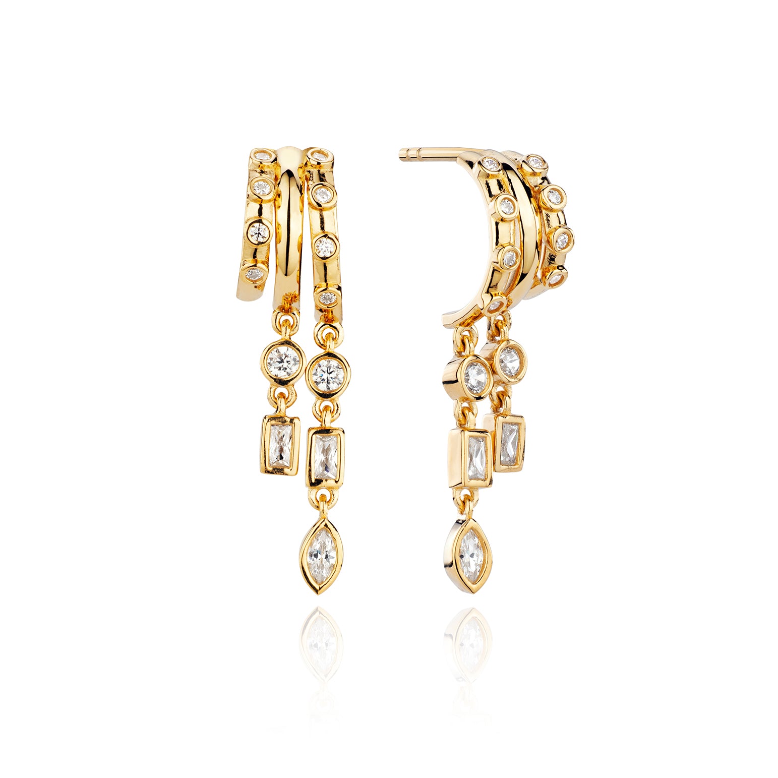 Rose gold double hoop earrings with hanging diamonds.