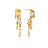 Rose gold double hoop earrings with hanging diamonds.