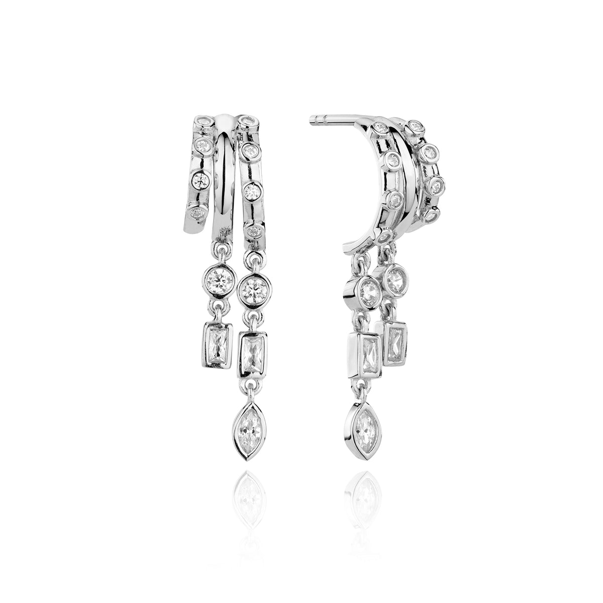 White gold double hoop earrings with hanging diamonds.