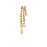 Gold multi-layered hoop left earrings with dangling diamond accents.