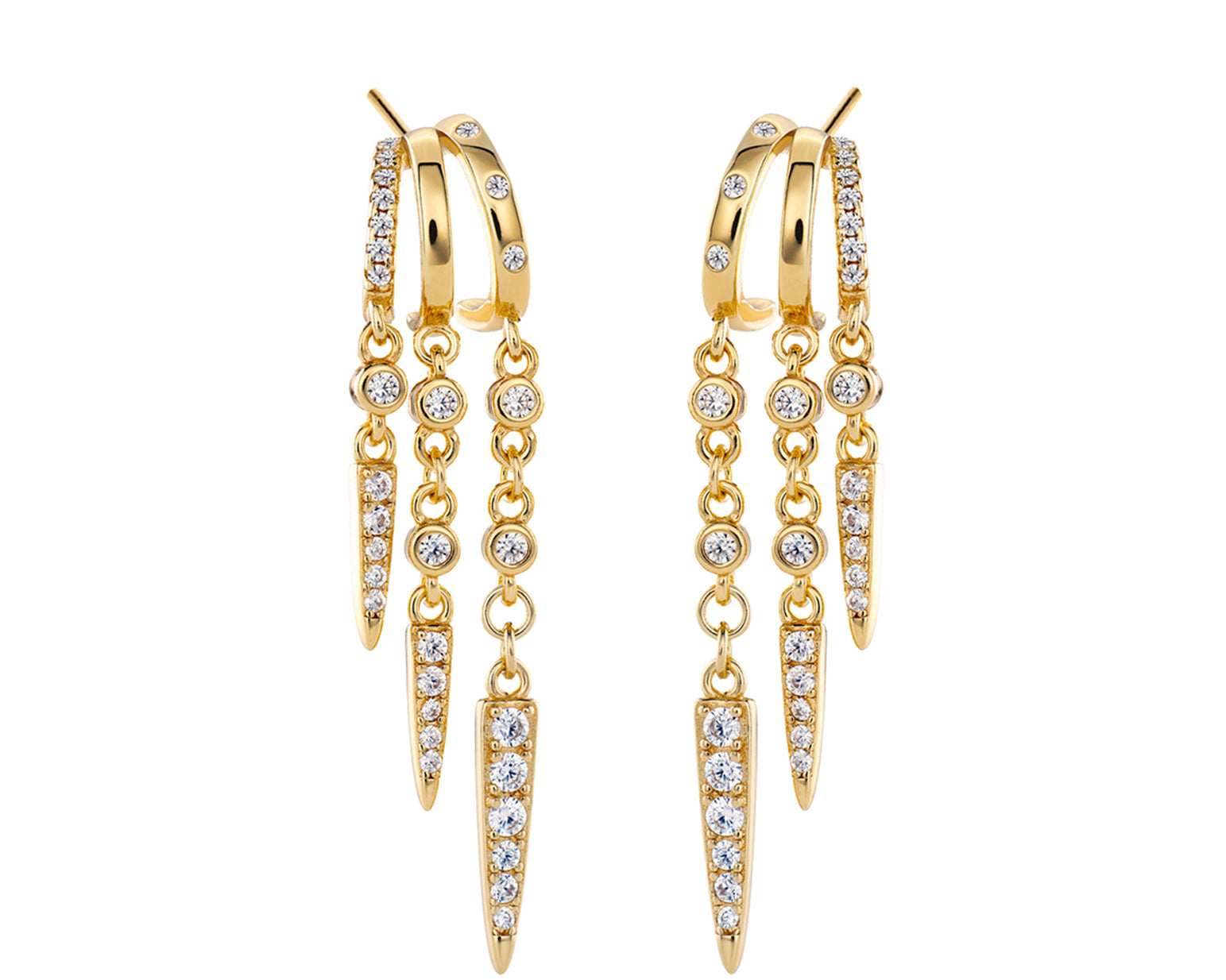 Gold triple-chain drop earrings with sparkling crystals.