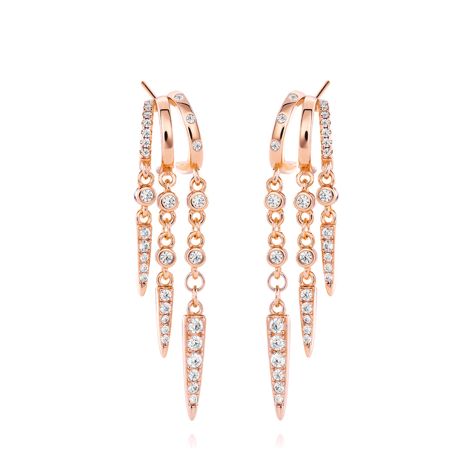 Rose gold triple-chain drop earrings with crystals.
