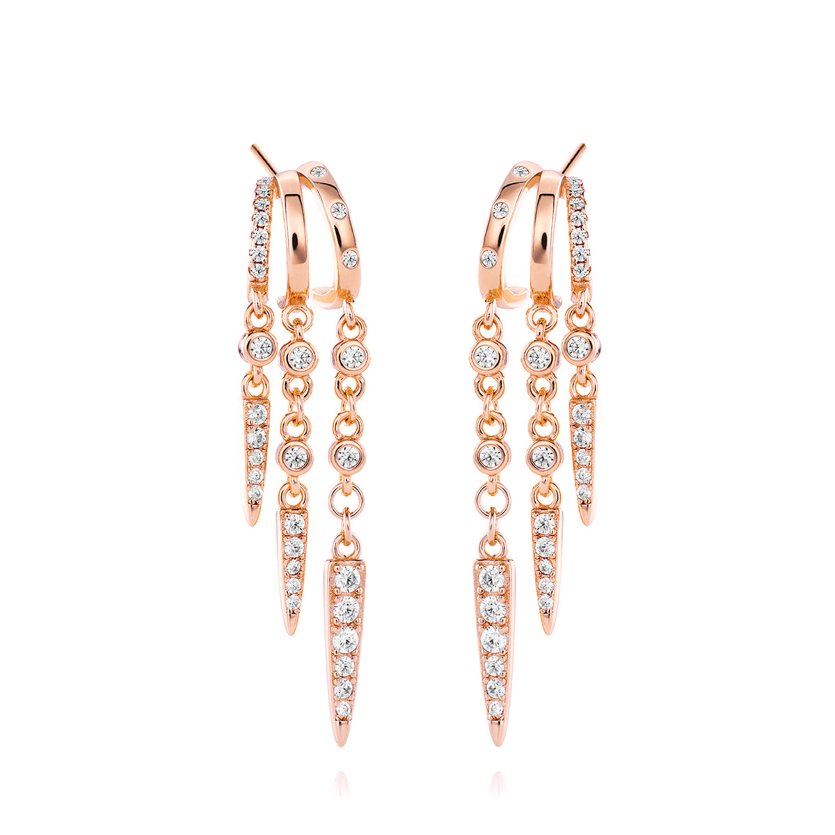 Rose gold triple-chain drop earrings with crystals.
