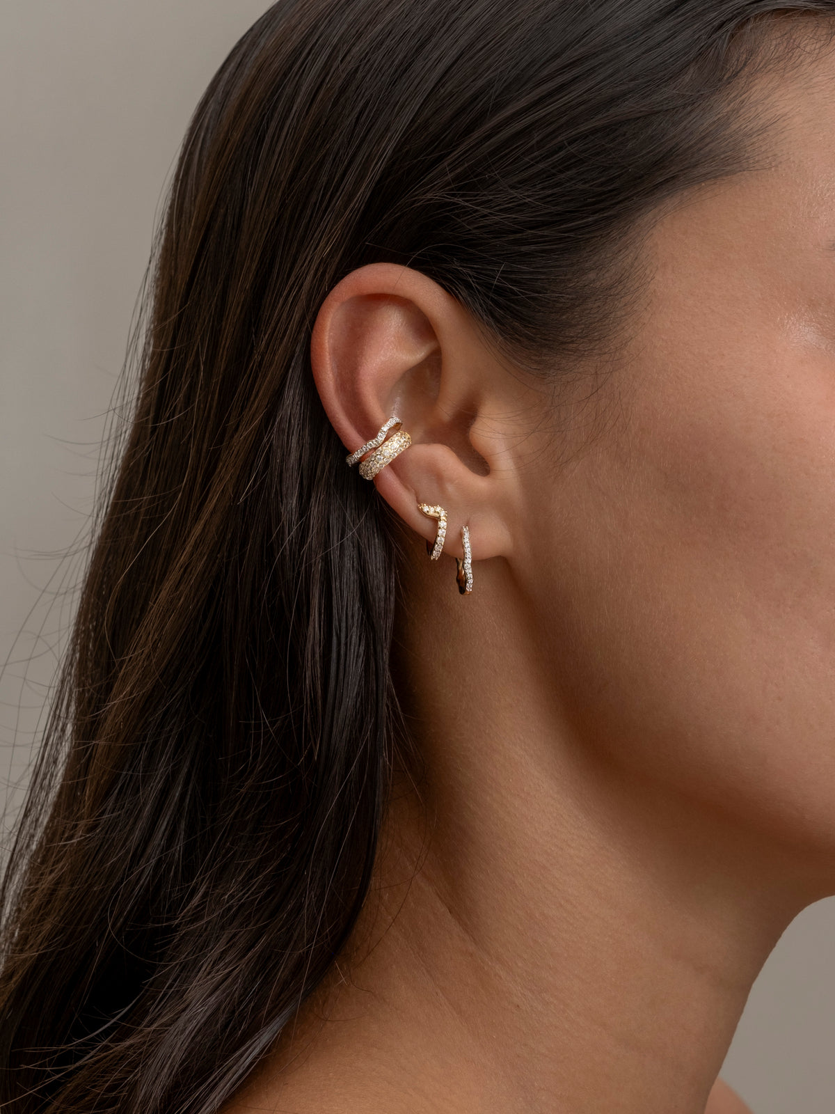 Gold and diamond ear cuff set with layered design 2