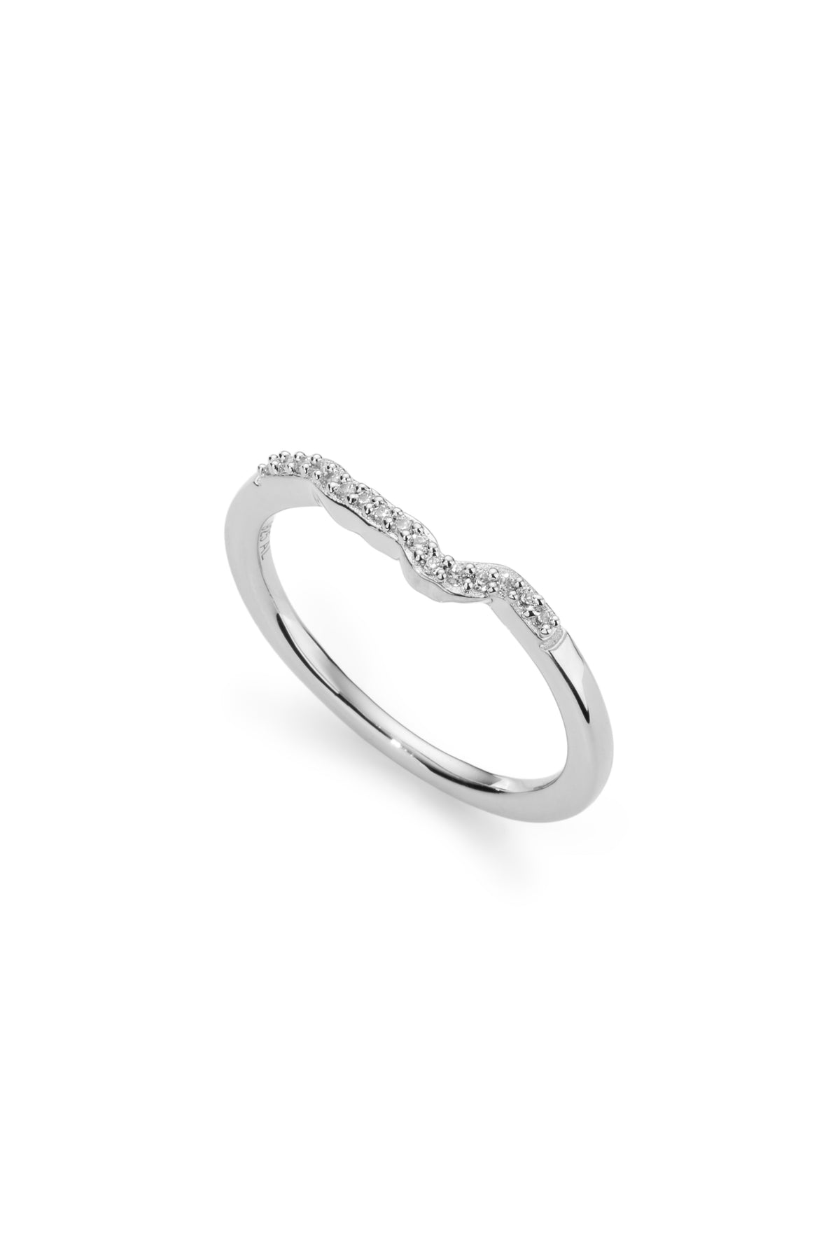 Delicate silver ring with a subtle wavy diamond design.