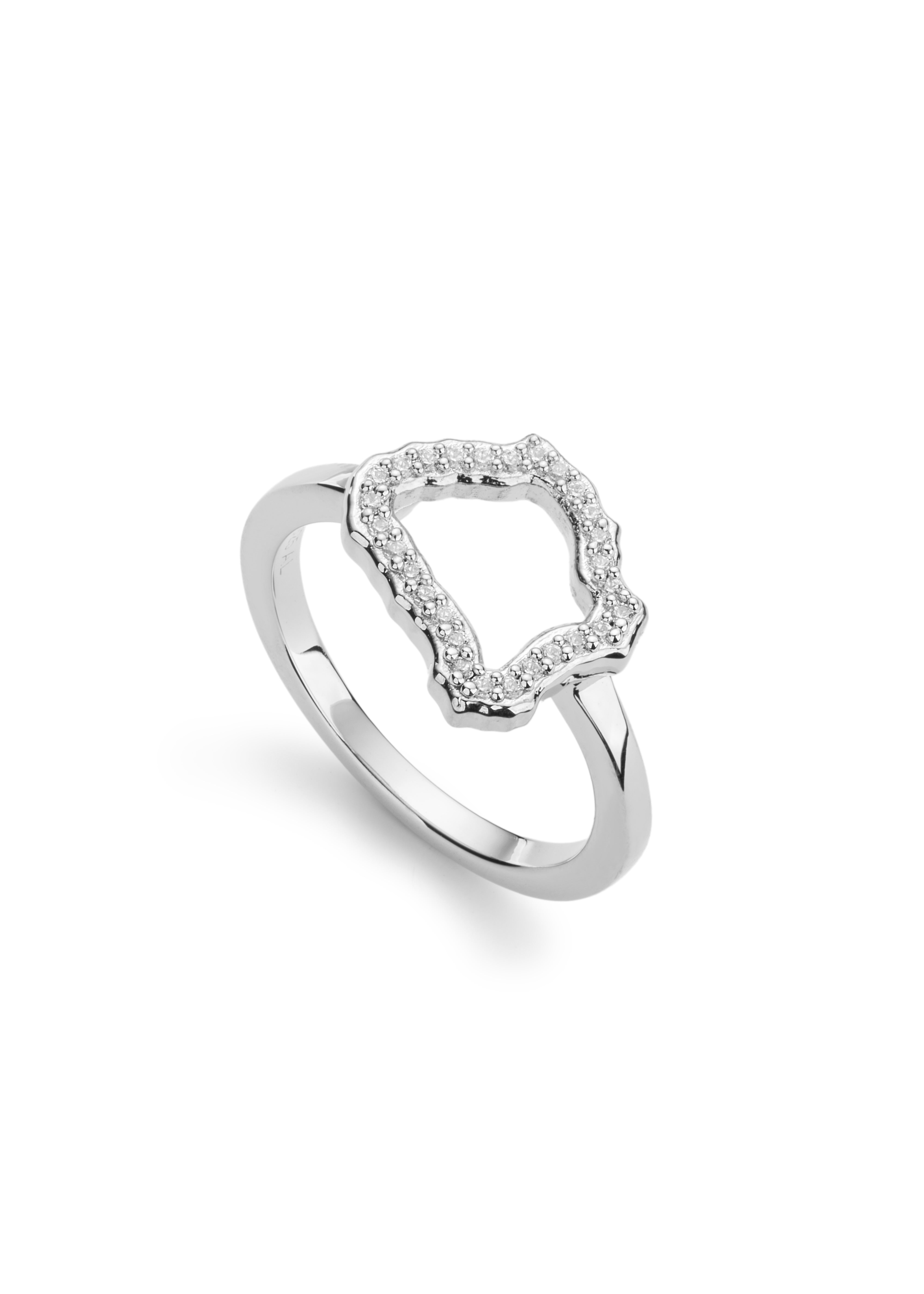 Silver ring with an open, irregular diamond-shaped design.