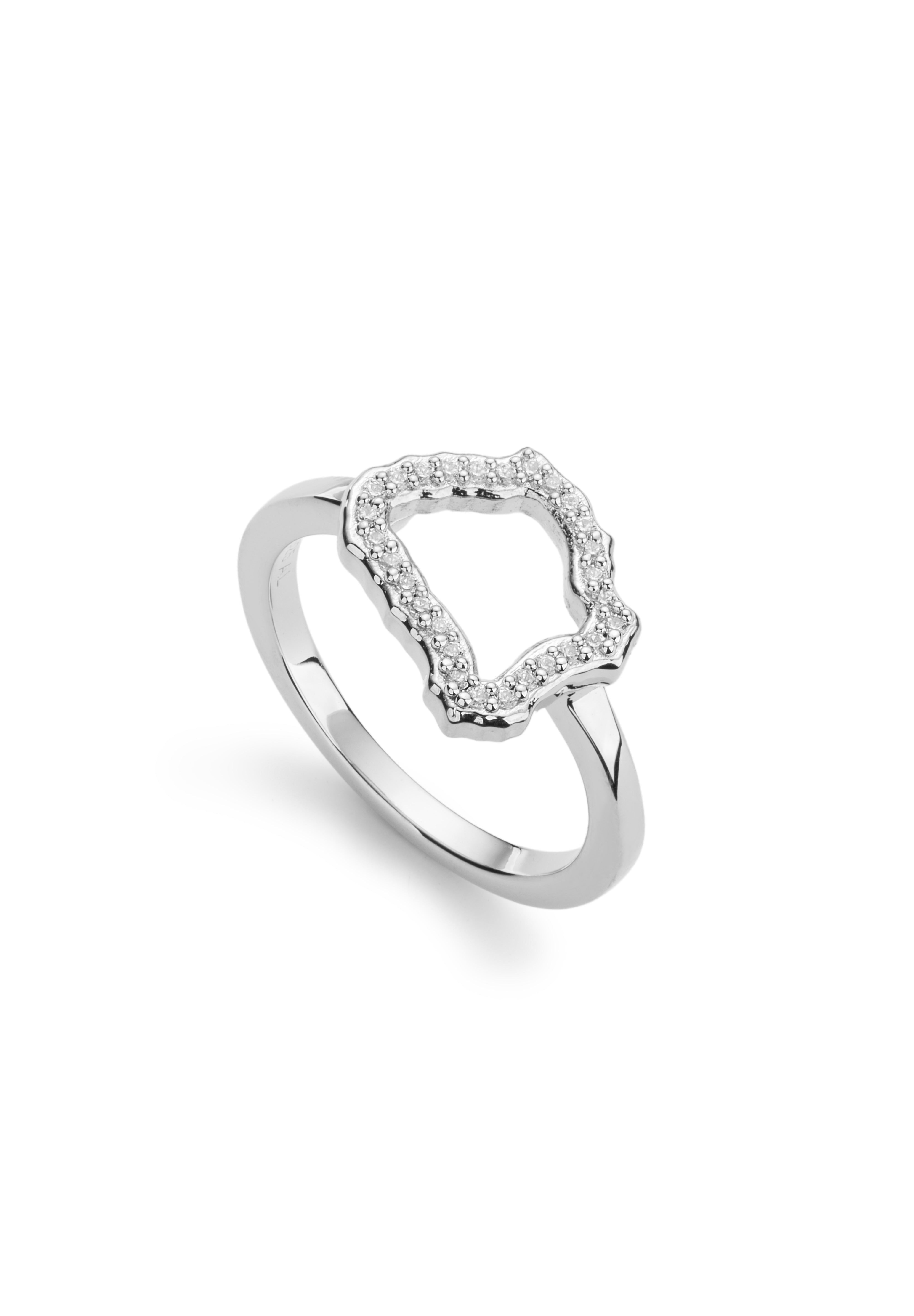Silver ring with an open, irregular diamond-shaped design.
