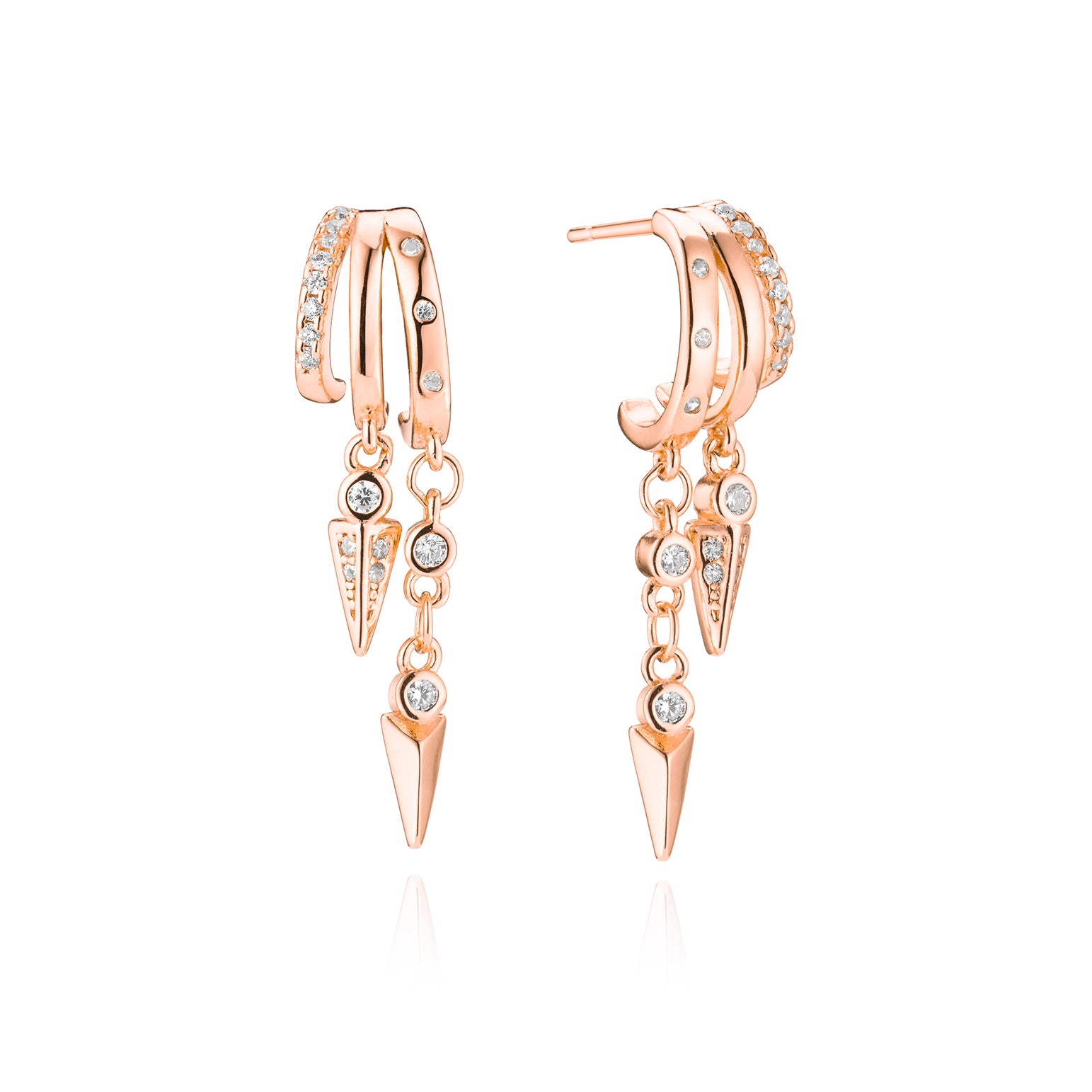 Rose gold hoop earring with dangle spikes and crystals.