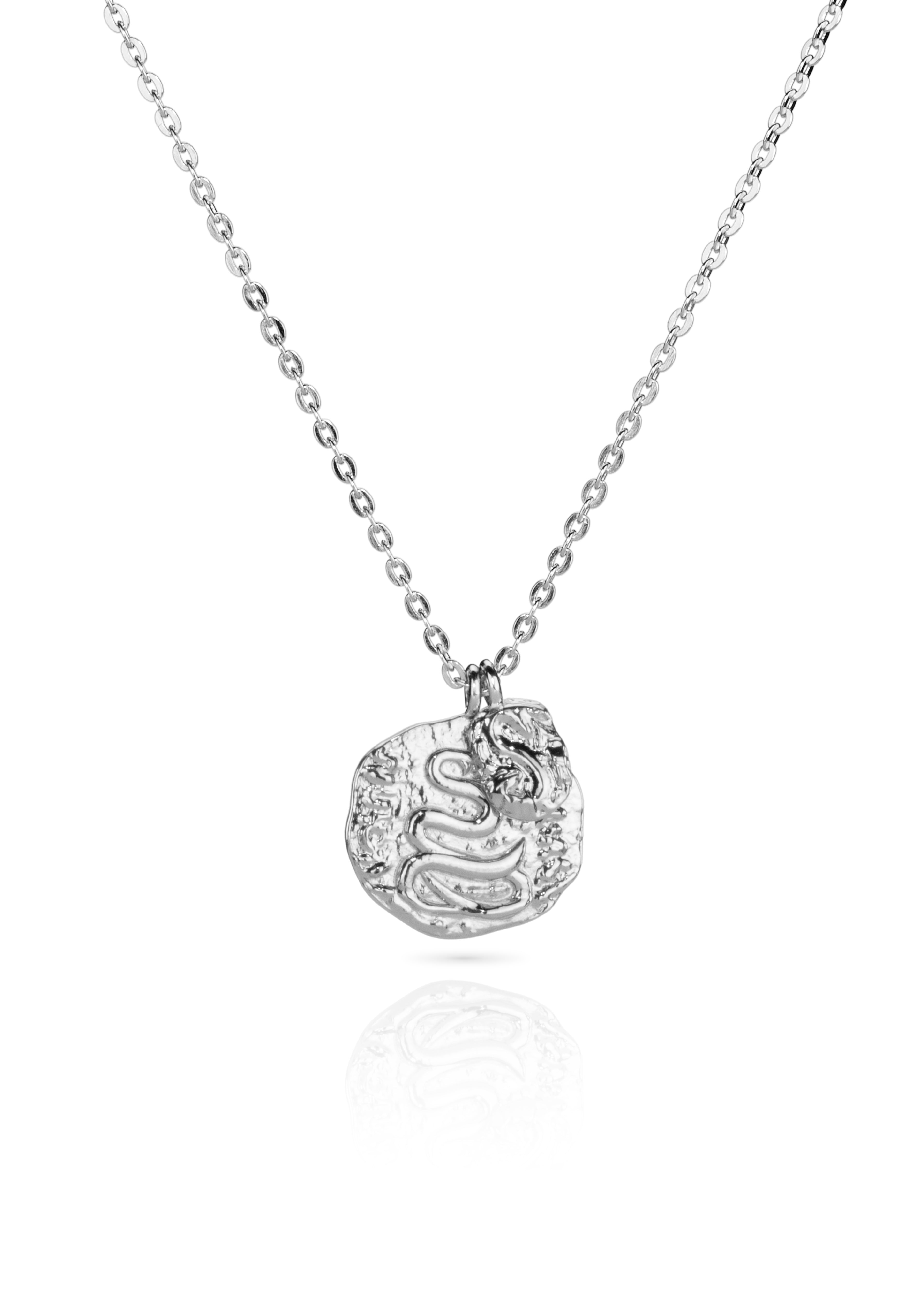 Silver snake pendant necklace with diamond details.