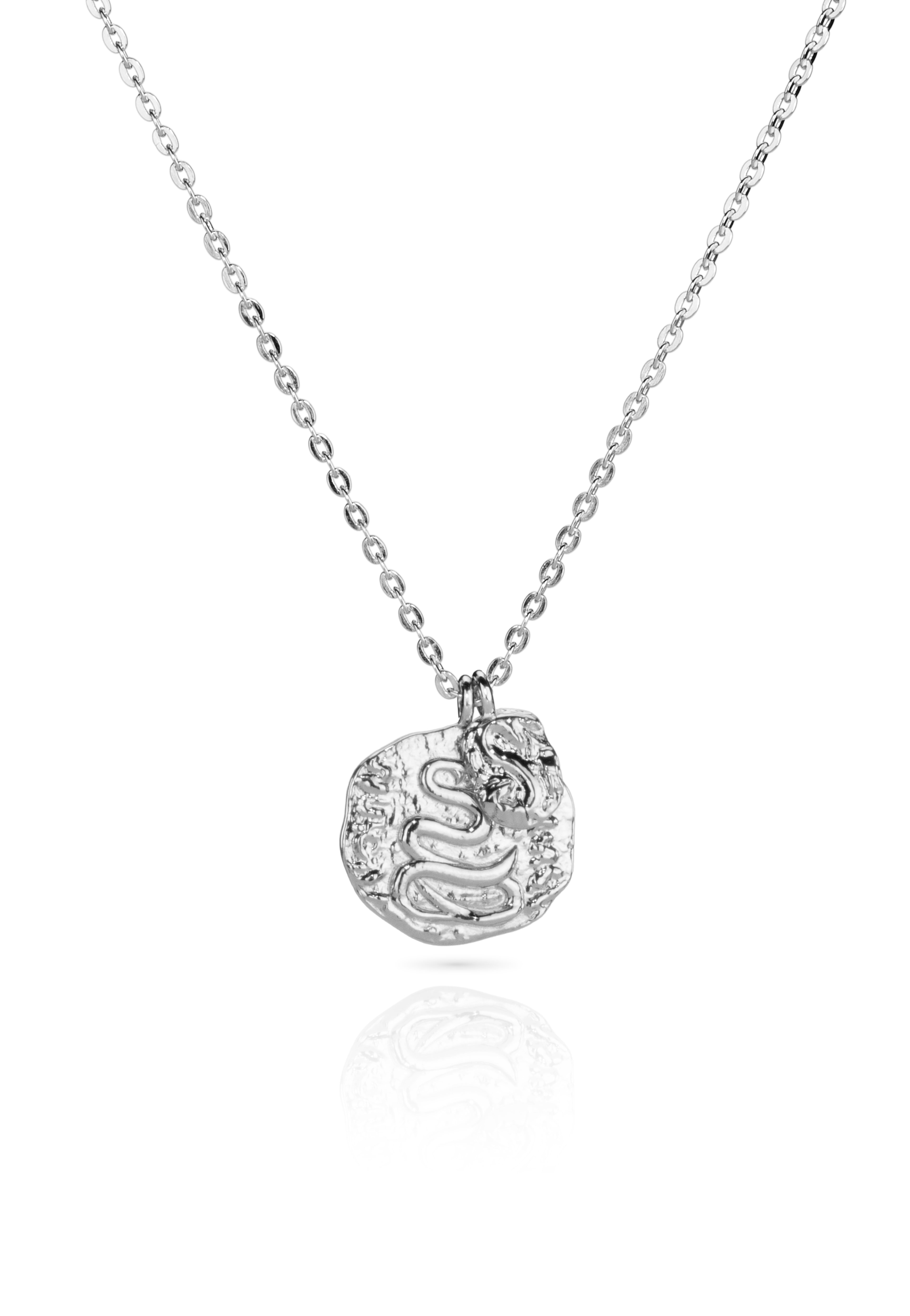 Silver snake pendant necklace with diamond details.