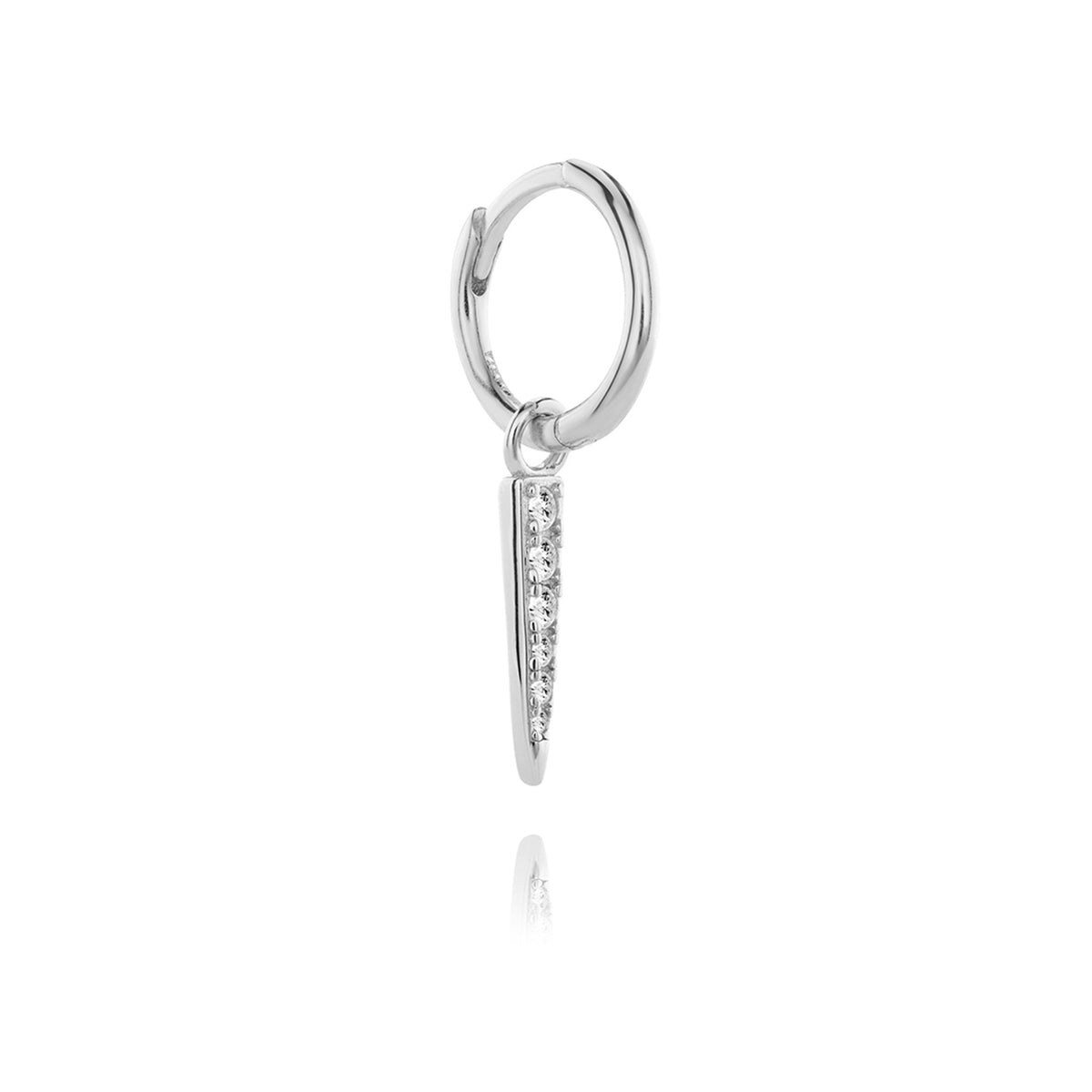 Close up of Spike silver hoop & pointed drop earring. 