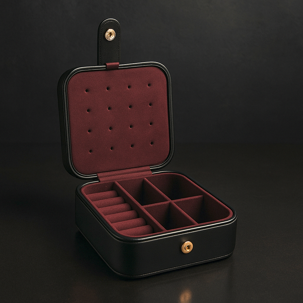 Black jewelry box with open lid on a dark background
