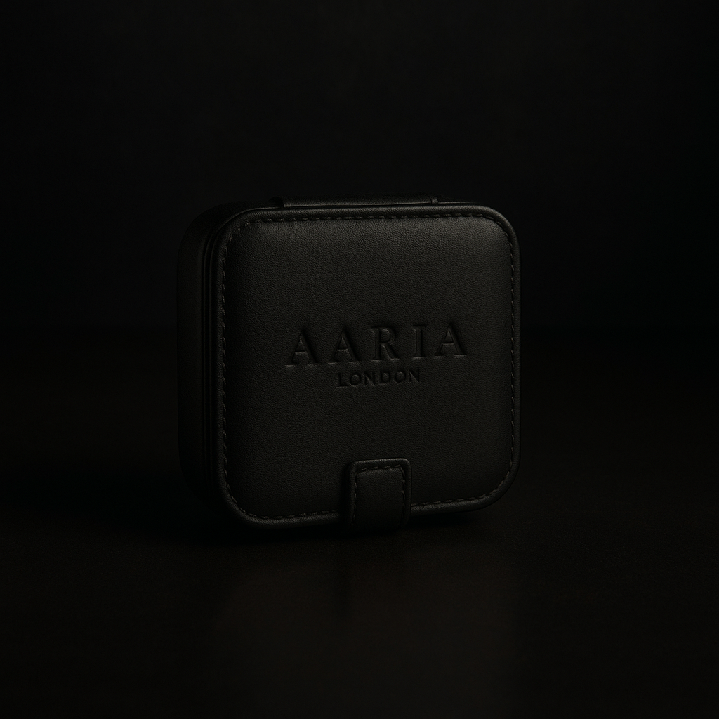 Black leather case with 'AARIA LONDON' branding on a black background