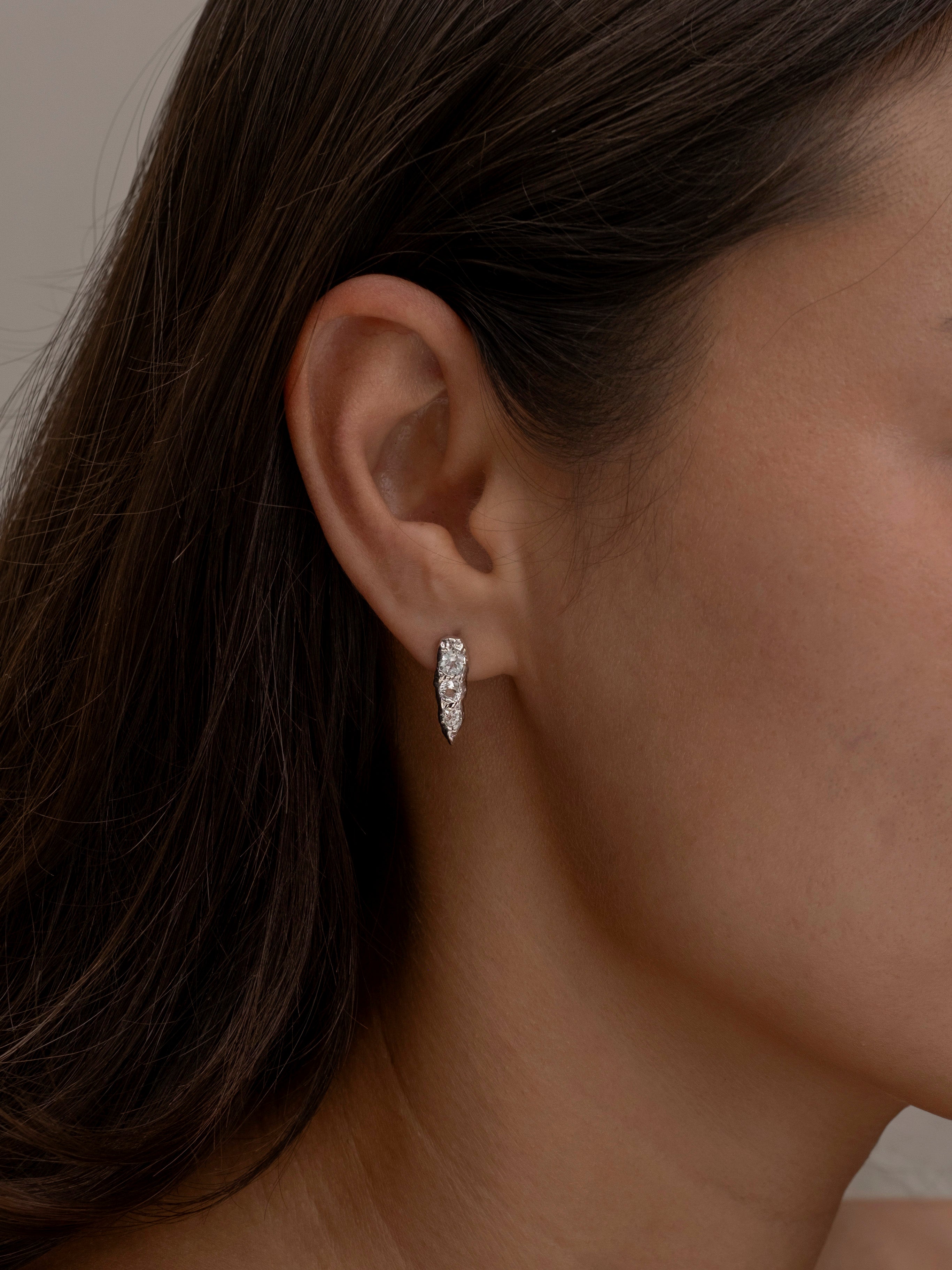 Small diamond-studded silver hoop earring on ear.