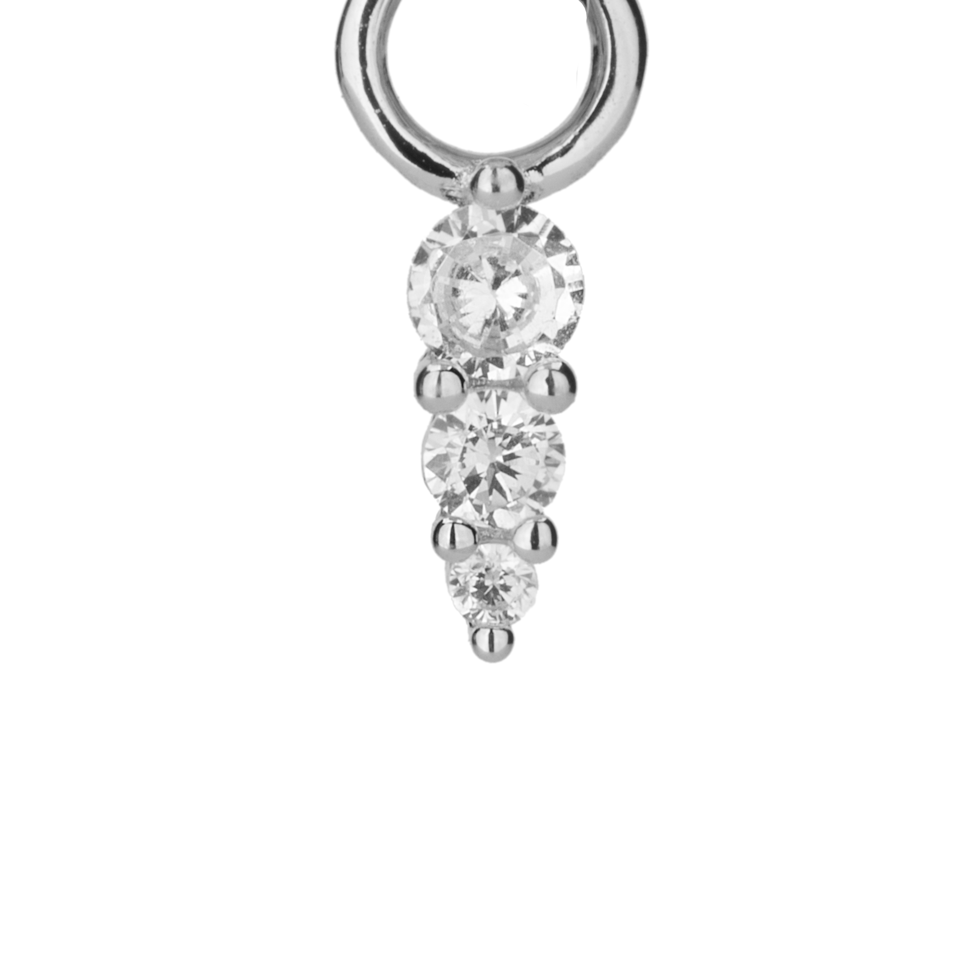 Close up of Maya Silver hoop earring with a detachable diamond charm. 