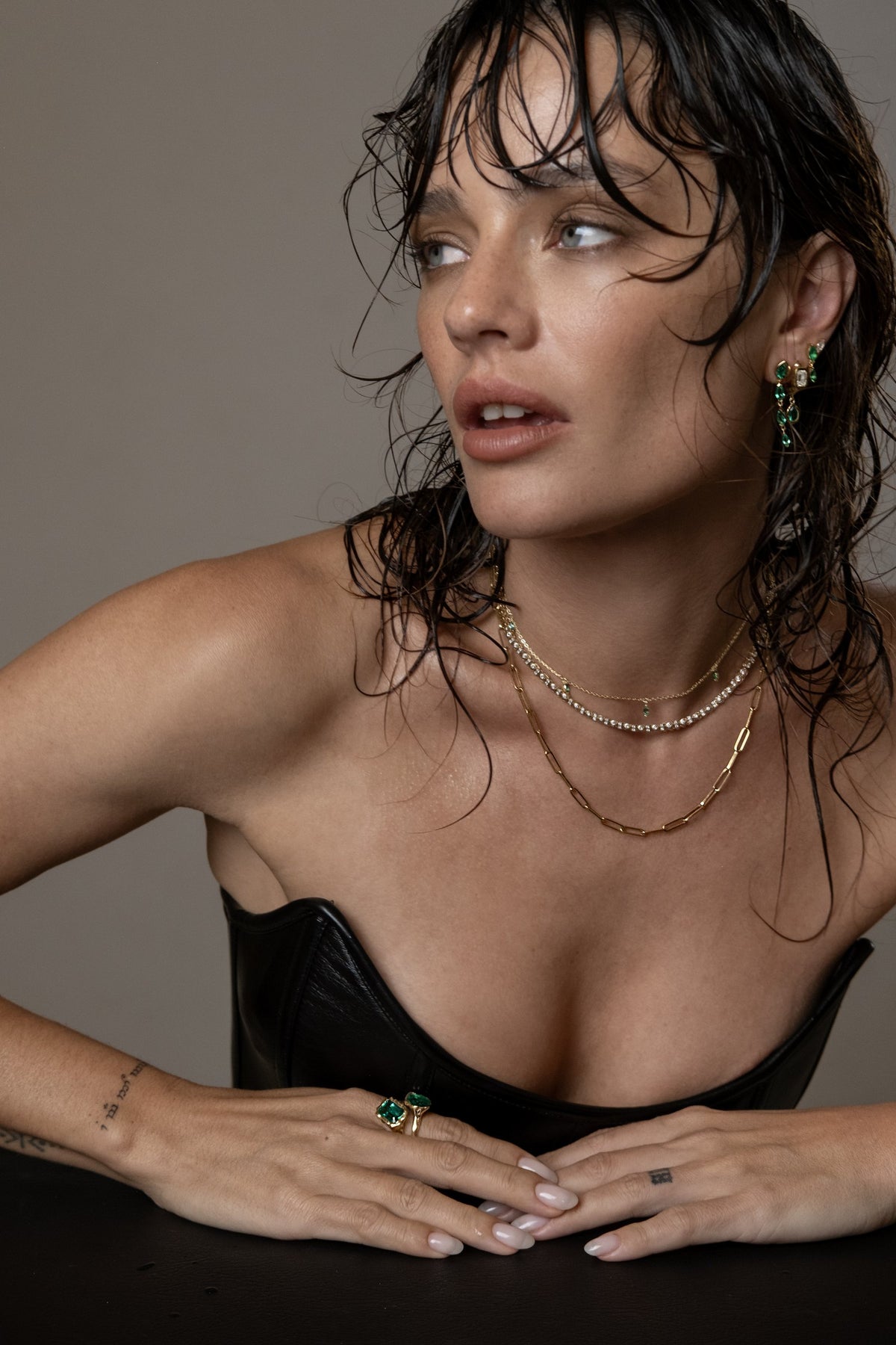 Model wearing Mia Drop Necklace (lab emerald), Paperlink Chain