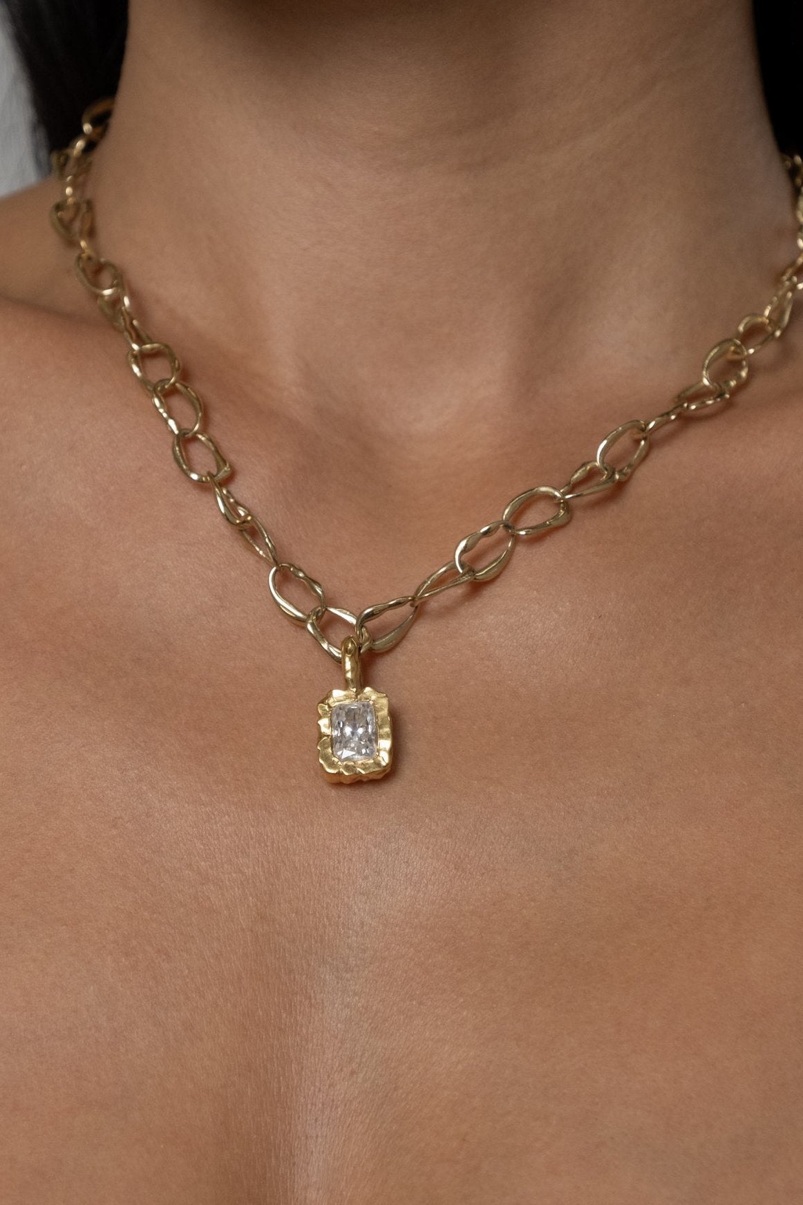 Model wearing Molten Square Pendant (moissanite), Mini Monaco Necklace