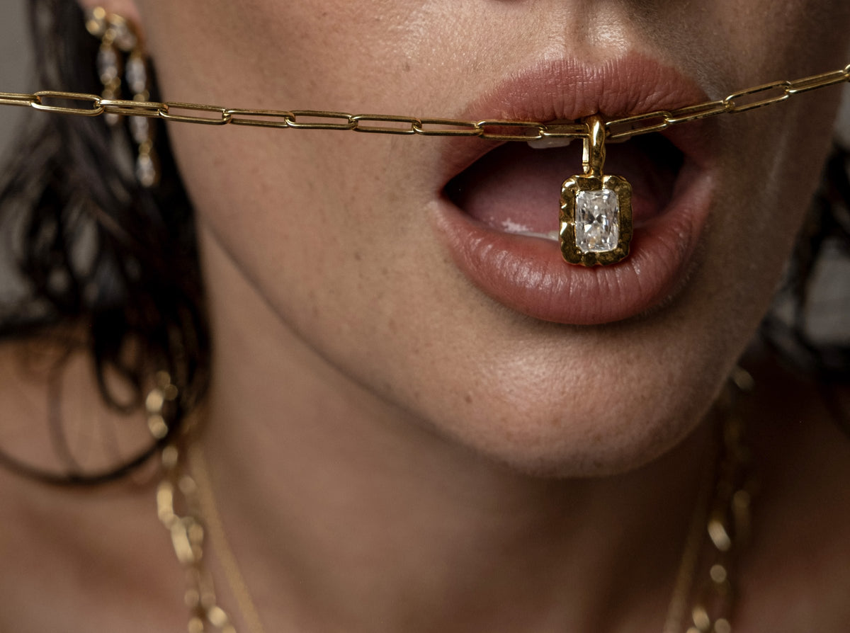 Model wearing Molten Square Pendant (moissanite), Paperlink Chain