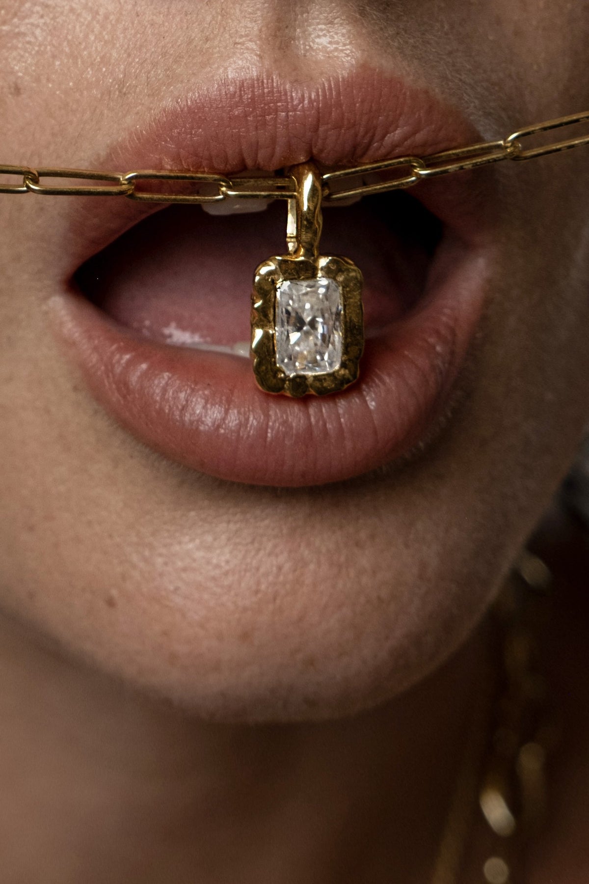 Model wearing Molten Square Pendant (moissanite), Paperlink Chain
