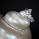 Silver diamond ring resting on a pearlescent seashell.