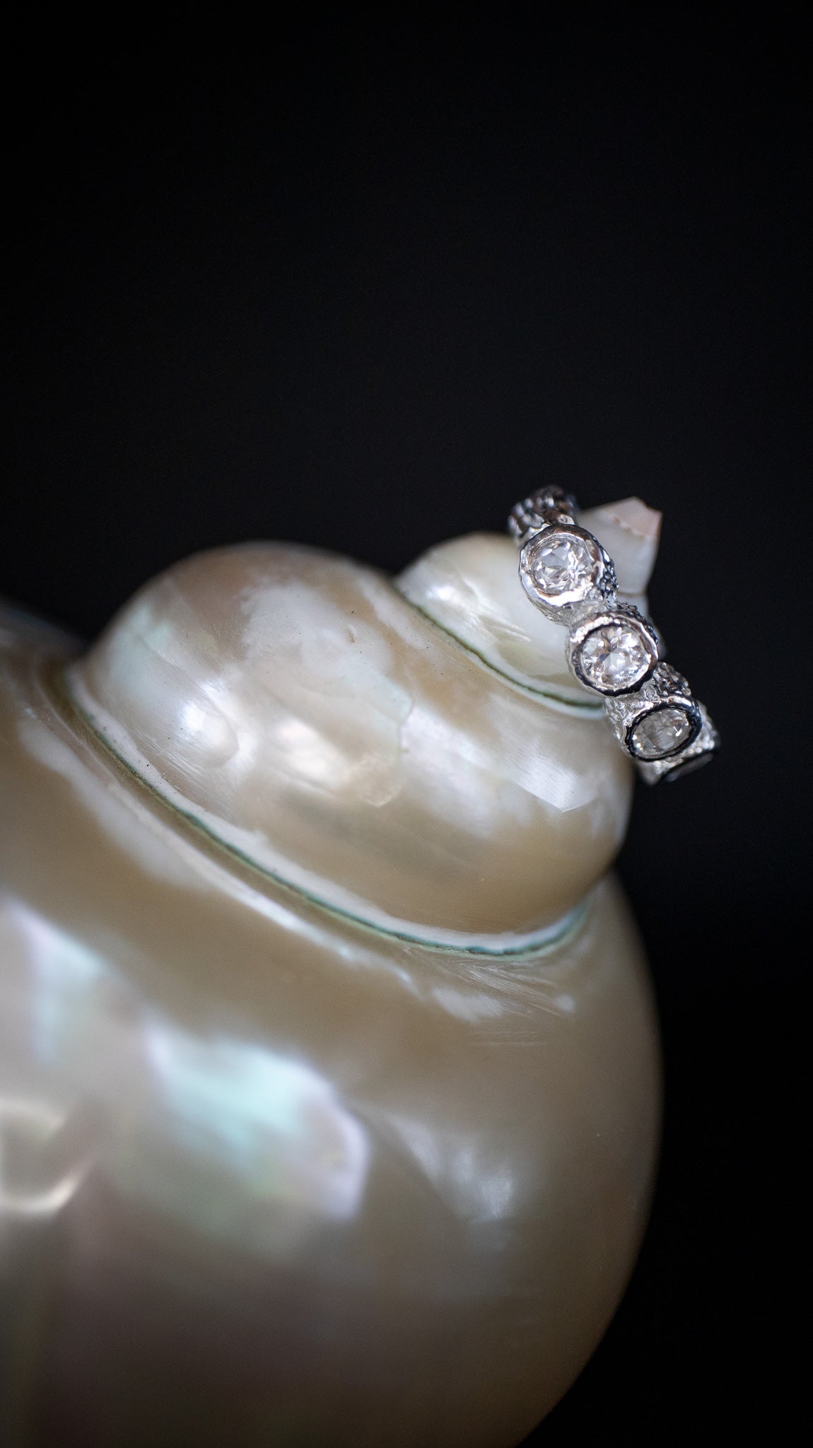 Silver diamond ring resting on a pearlescent seashell.