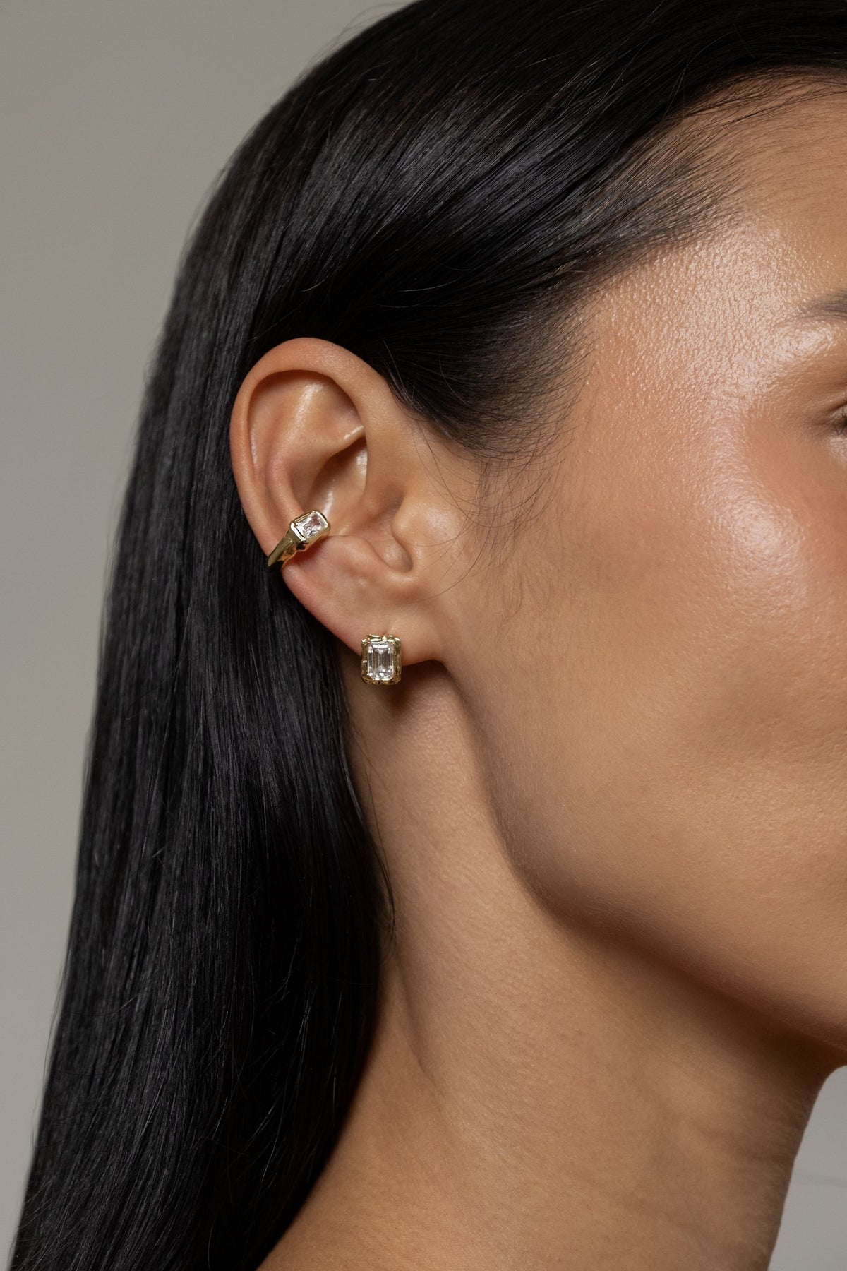 Model wearing Pixie Cuff (moissanite), Molten Square Studs (moissanite)