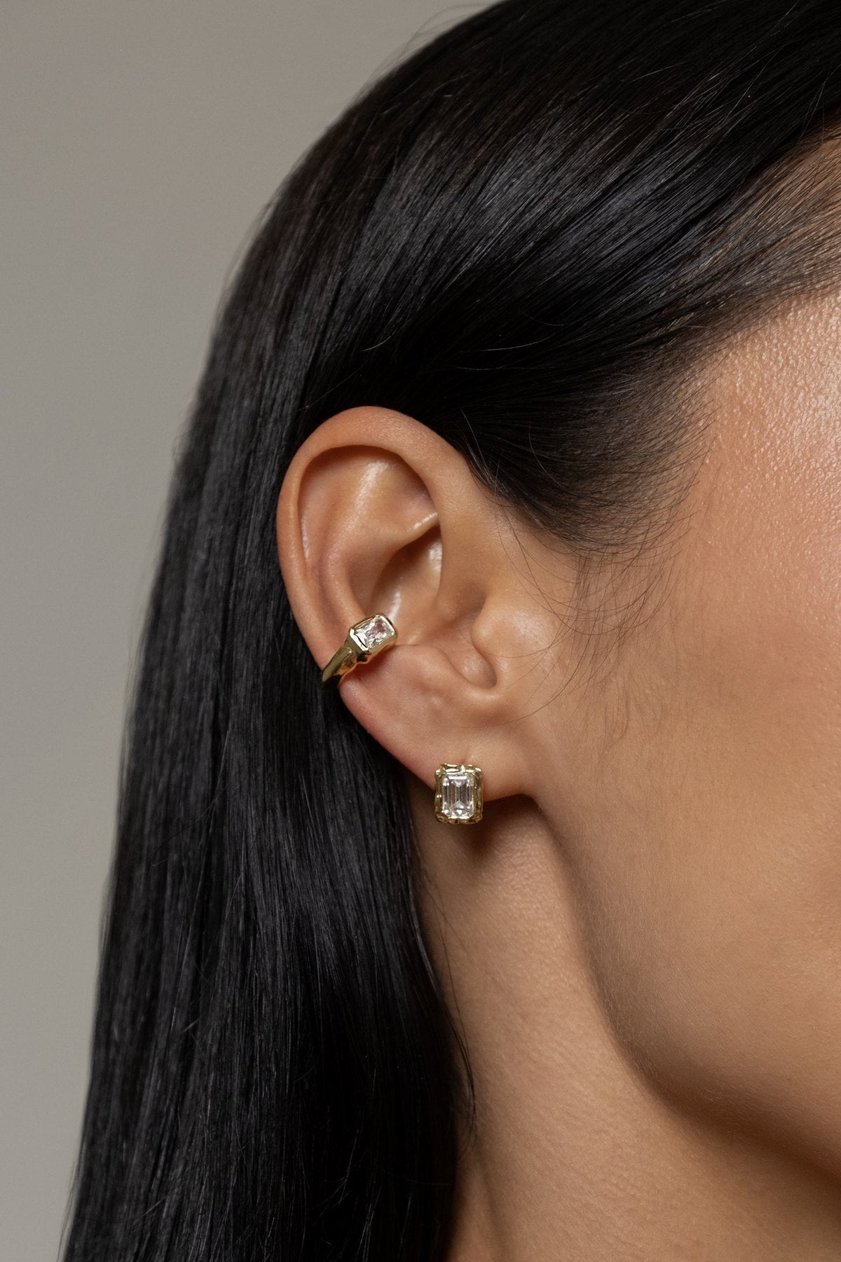 Model wearing Pixie Cuff (moissanite), Molten Square Studs (moissanite)