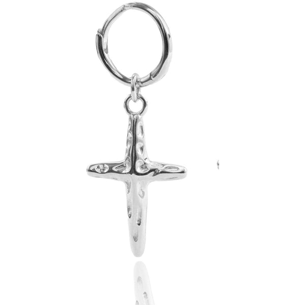 Sacred Cross Charm Huggie Sterling Silver Hoop with Charm Aaria London